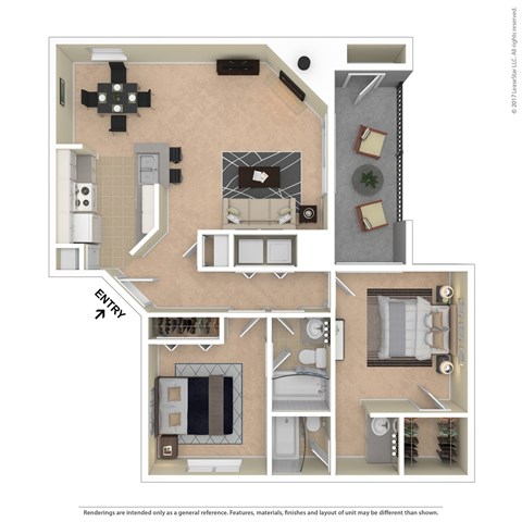 A floor plan of a small apartment with a kitchen, living room, and bathroom.